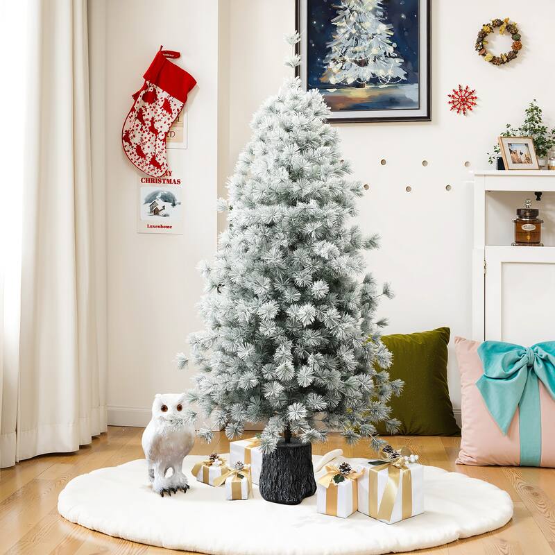 5.5Ft Snow Flocked Full Artificial Pine Needles Christmas Tree Potted - 66" H x 35.4" Diameter