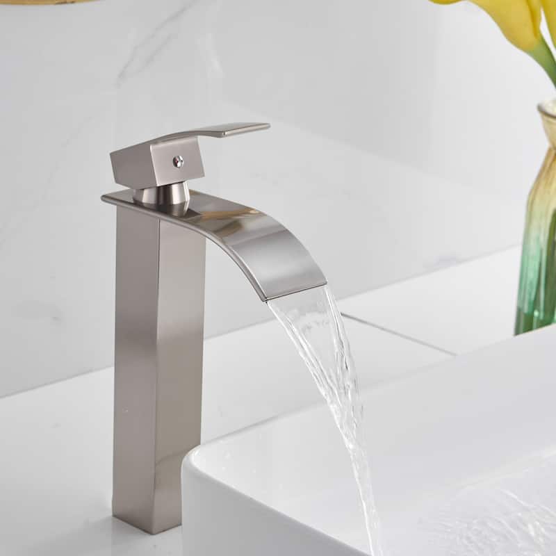 Single-Hole Deck Mount High Arc Waterfall Faucet with Drain Assembly - Nickel