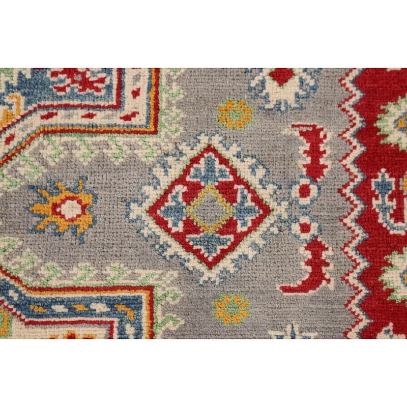 Gray Geometric Kazak Rug Hand-Knotted Oriental Wool Carpet - 5'1" x 6'9"