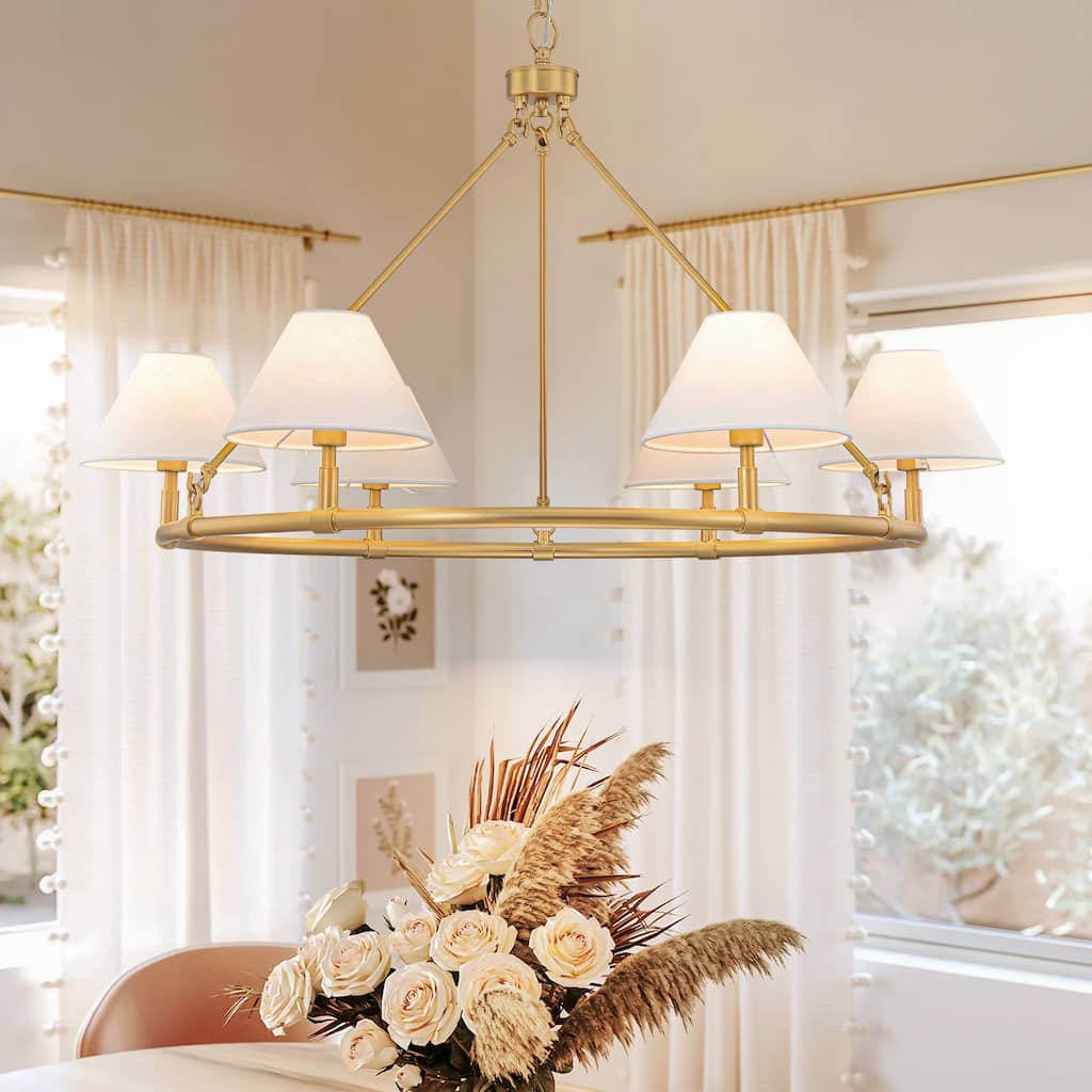 6-Light Modern Farmhouse Fabric Gold Wagon Wheel Chandelier for Dining Room - 39.3 in. W x 25.2 in. H