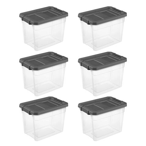 Sterilite 30 Qt Clear Plastic Storage Bin Totes with Latching Lid, Grey (6 Pack) - 18 x 12.60 x 13.20 inches