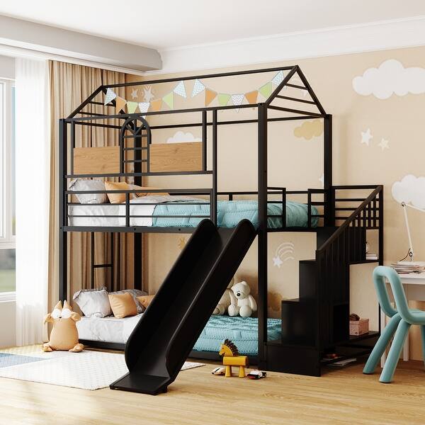 slide 2 of 24, Twin Over Twin Metal Bunk Bed, Creativity Kids Bed Metal Platform Bed Frame Housebed with Slide and Storage Stair for Boys Girls Black/ Black - Twin