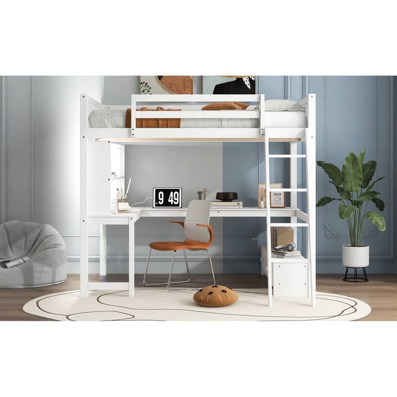 Loft Bed with L-shaped Multi-storage Desk, LED light and USB Charging Station, Storage Bench with 2 Drawers