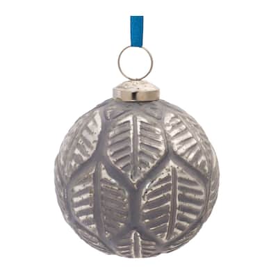 Etched Leaf Glass Christmas Ball Ornaments 4" (100M) Gray White 6Ct