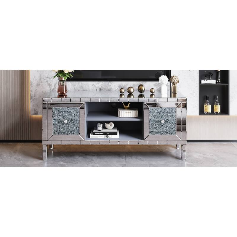 60" Mirrored TV Stand with Crushed Diamond Glass Doors - Modern Media Entertainment Center for Living Room