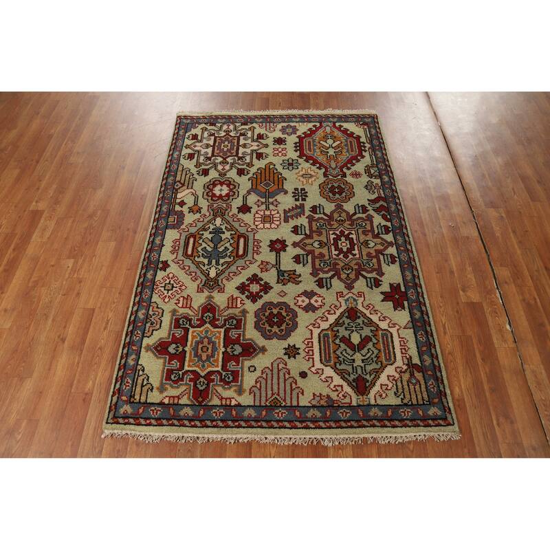 Hand Knotted Oriental 100% Wool Carpet Transitional Geometric Green Oushak Area Rug - 5' 10'' X 3' 11''