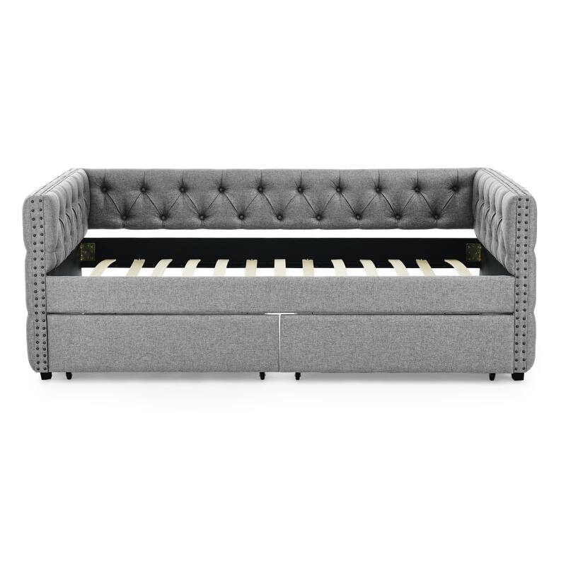Tufted Daybed Upholstered Frame Sofa Bed with Button Copper Nail on Square Arms, and Pull-out Trundle Bed or Storage Drawers