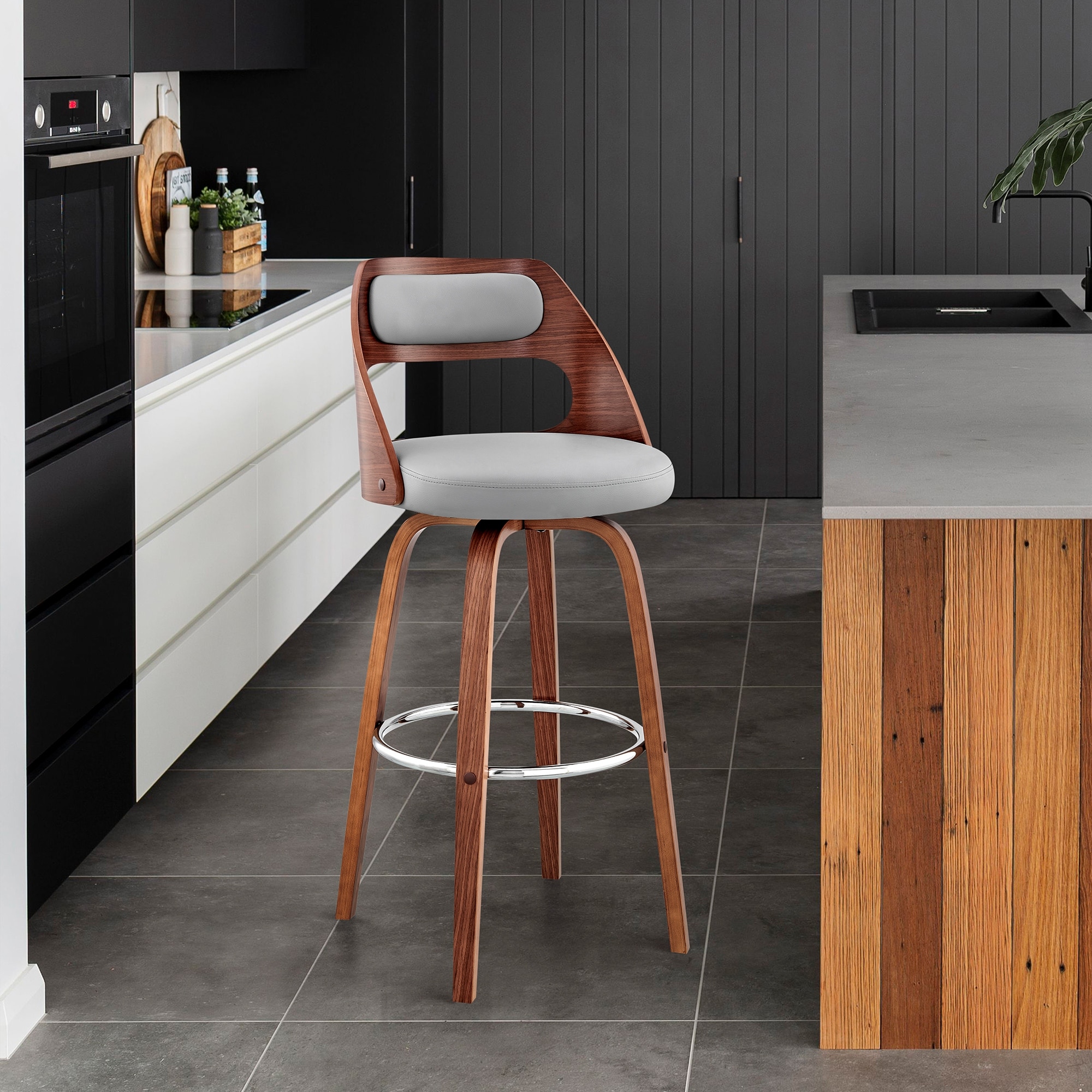 Julius Mid-Century Swivel Faux Leather and Wood Counter or Bar Stool