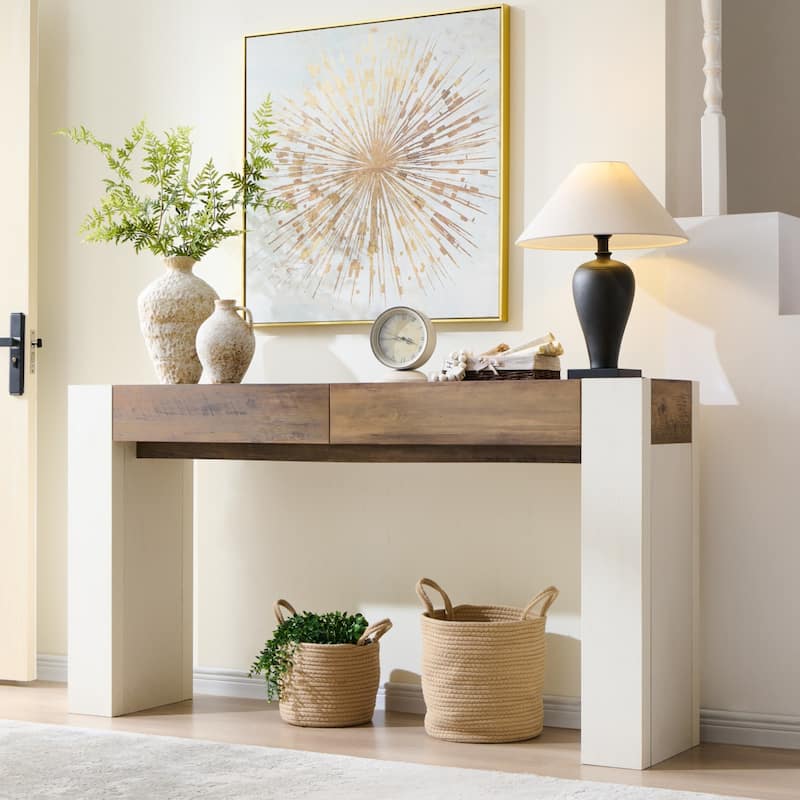 Modern Entryway Console Table, Thick Wood Sofa Table with Drawers