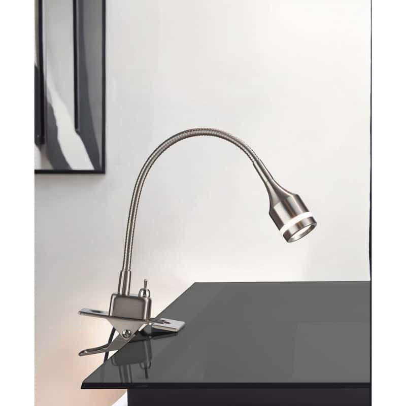15" Modern Clip-On LED Table Lamp with Adjustable Swing Arm and Silver Drum Shade Black Metal Base - 14.5" H x 9" W x 13" D