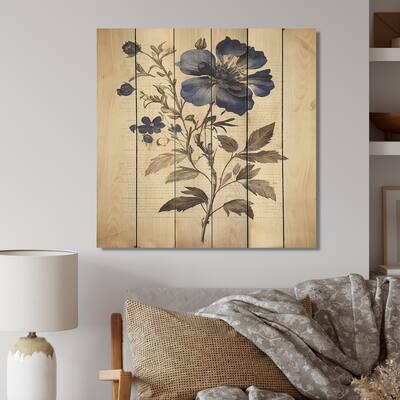 Designart 'Blossoming Blue Retro Flower VII' Floral Wood Wall Art - Natural Pine Wood