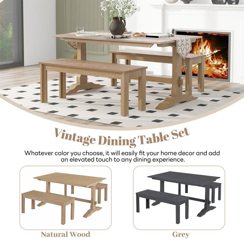 3-Piece Retro Dining Set for 4 Person, Kitchen Table Set with Rectangular Trestle Table and 2 Wooden Benches for Dining Room