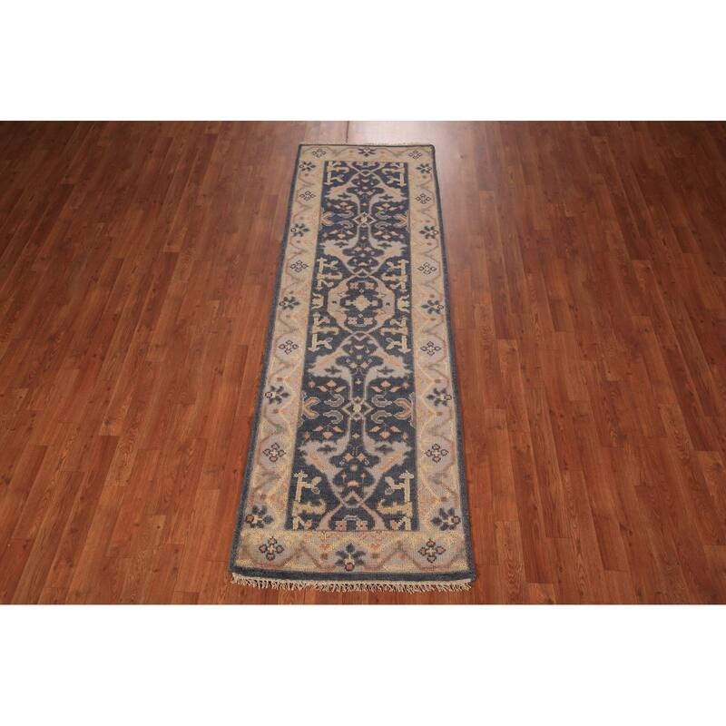 Blue Oushak Vegetable Dye Runner Rug Hand-Knotted Wool Carpet - 2'7" x 7'10"