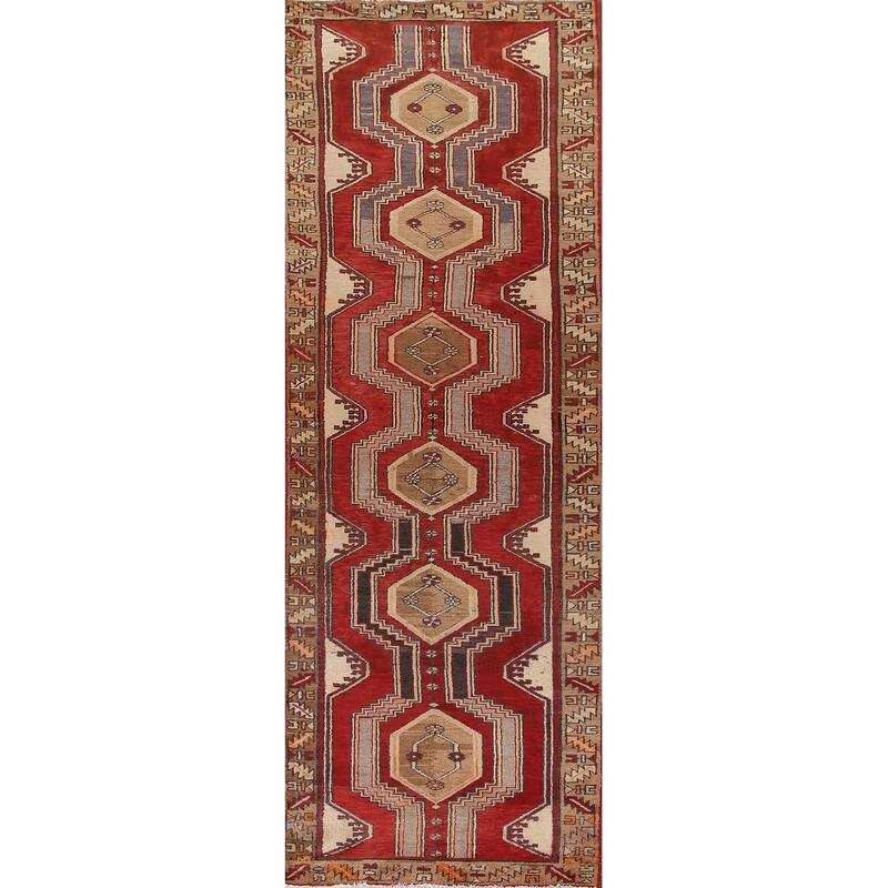 Red Ardebil Persian Runner Rug Handmade Vintage Wool Carpet - 3'0"x 12'0"