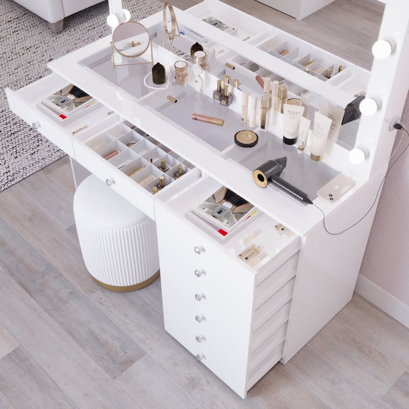 Boahaus Makeup Vanity Desk Glass Top 8 Drawers Crystal Knobs Lighted Mirror