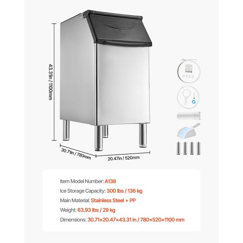 Silver-Black Stainless Steel Commercial Ice Maker Storage Bin 300lbs with Gravity Drainage and Insulated Casing