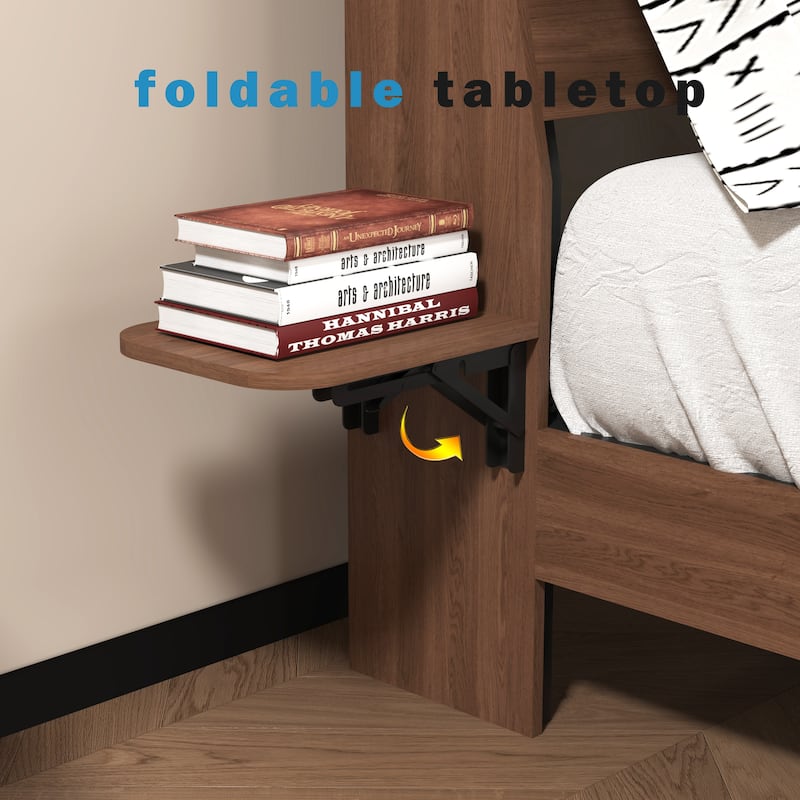 Wood Queen Size Floating Bed Frame with Led Lights, Foldable Side Tabletop and Storage Headboard Built-in Charging Station