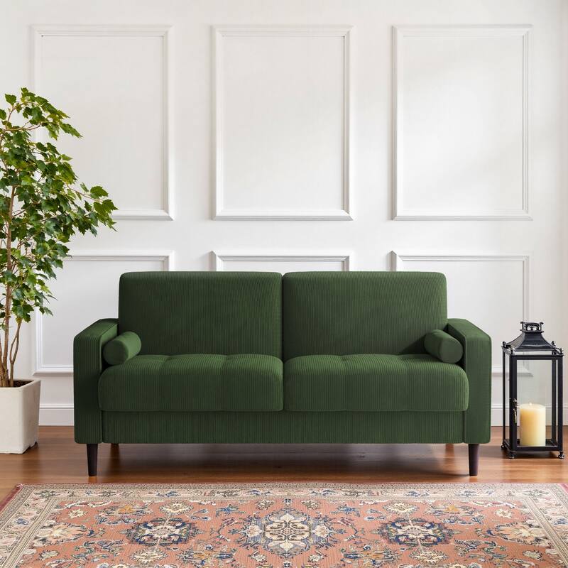 Modern Corduroy Upholstered Loveseat with Bolster Pillows and Wood Legs