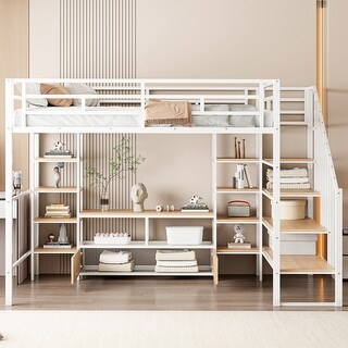 Full Size Metal Loft Bed with Staircase, Low Storage Table & Storage Shelves & Full-Length Guard Rail, No Box Spring Needed