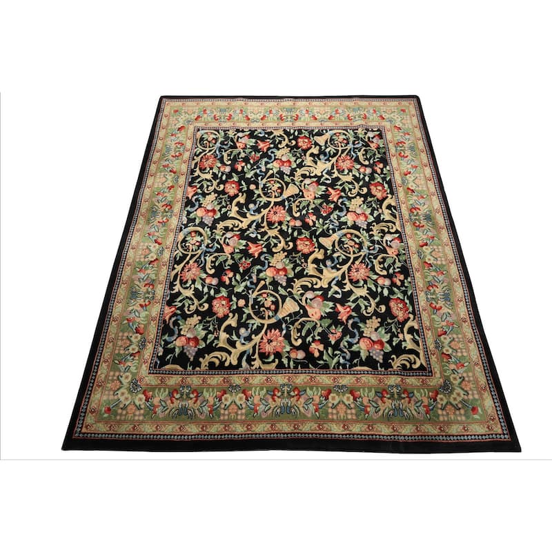 7'10''x9'10'' Hand Knotted Wool Black French Aubusson Savonnerie Asmara Rug - 7' 10'' x 9' 10''
