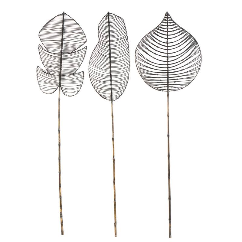 Black Bamboo Wood Handmade Tall Palm Leaf Woven Stick Leaf Home Decor Natural Foliage with Varying Shapes (Set of 3)