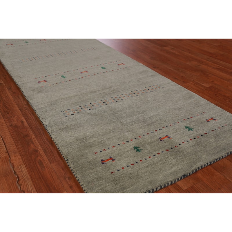 Hand Knotted Oriental 100% Wool Carpet Tribal Animal Pictorial Green Gabbeh Runner Rug - 6' 6'' X 2' 9''