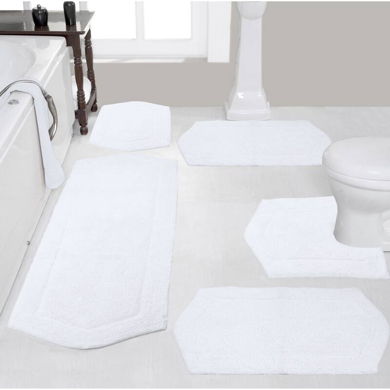 Waterford Collection 100% Cotton Non-Slip Bathroom Rug Set, Machine Washable Bath Rug, 5 Piece Bath Mat Set with Contour - White