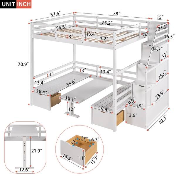 Multifunctional Design Full over Full Size Bunk Bed with staircase,the Down Bed can be Convertible to Table Set and Seats.