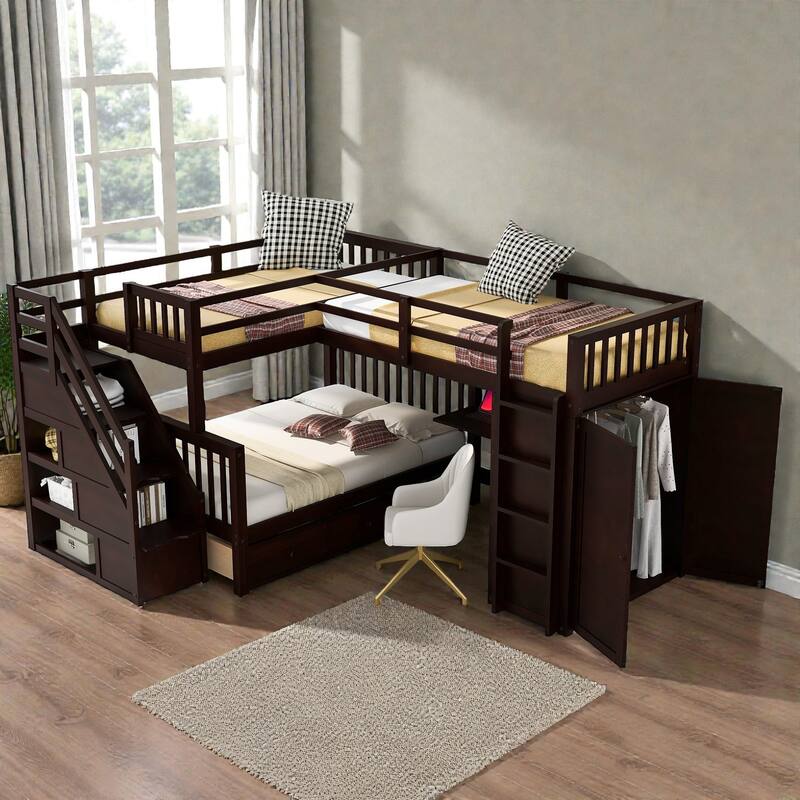 Twin Twin Over Full L-Shaped Bunk Bed with Drawers, Wardrobe and Retractable Desk, Pine Wood Frame