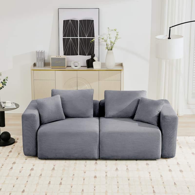 Corduroy Sectional Modular Sofa with Square Arms & Ottoman Extension for Flexible Arrangements