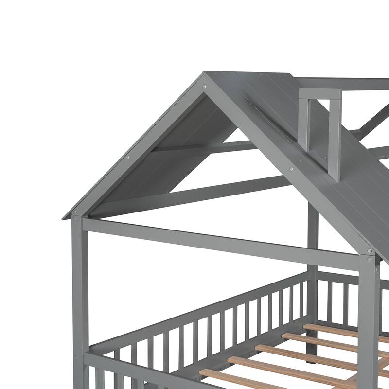 Platform Bed for Kids, Wooden House Shaped Bedframe with Fence & Roof