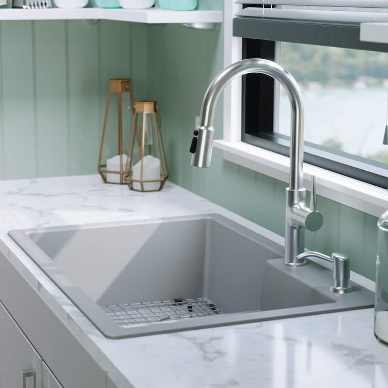 Karran 33" Top Mount Large/Small Bowl Quartz Kitchen Sink Kit - 33" x 22" x 9"