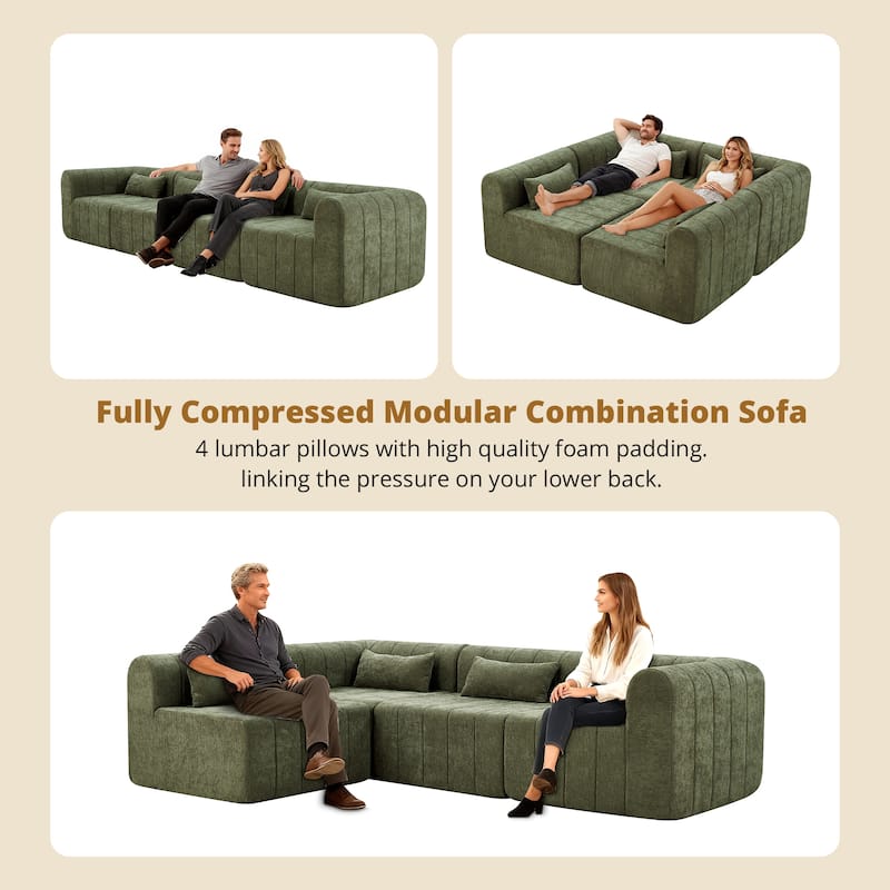 Christopher Knight Home - Modular Polyester Upholstered Sectional Sofa with 4-Piece Compressed Sponge - 145.5"