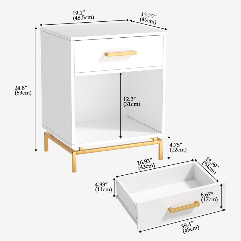 Anmytek Modern 1-Drawer White Nightstand Wood Bedside Table with Open Shelf (Set of 2)