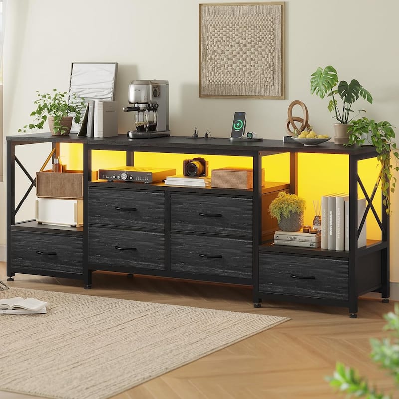 TV Stand with LED Lights Power Outlets Dresser Fabric Drawers Entertainment Center - 	‎63" - Charcoal Black Wood Grain Print