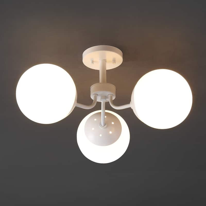 Ojai 23.5" 3-Light Bohemian Farmhouse Iron/Frosted Glass LED Semi Flush Mount, Brass Gold/White by JONATHAN Y