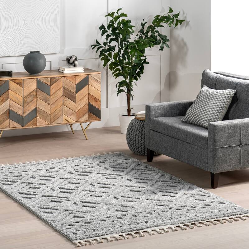 Nuloom Akia Lattice High/Low Tassel Area Rug - 3' x 5' - Light Grey - Rectangle