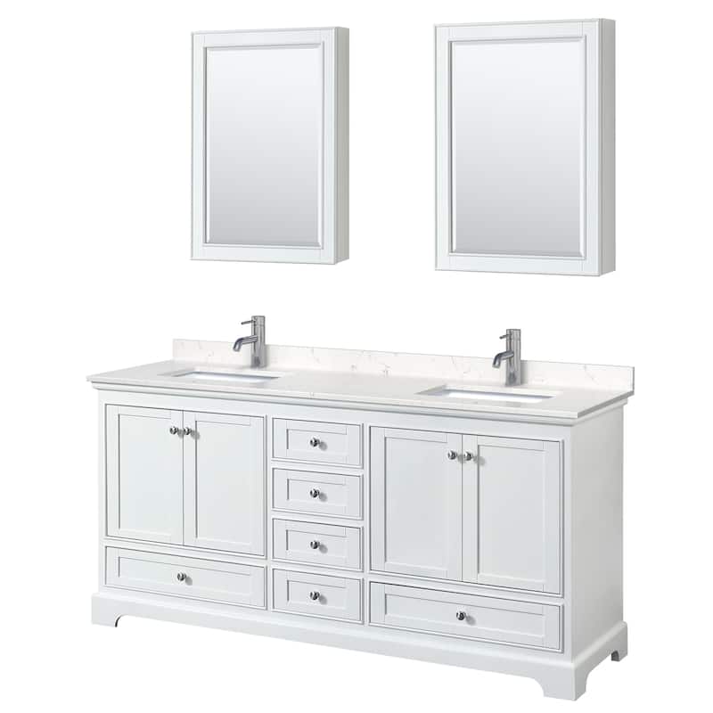 Deborah 72-inch Double Vanity, Cultured Marble Top, Medicine Cabinets - White, Chrome Trim, Carrara Cultured Marble Top