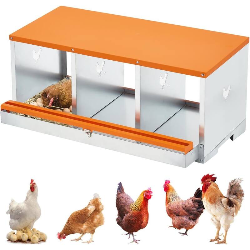 Wall-Mount or Free-Standing Metal Chicken Nesting Box for Hens, Orange - Orange 3 Compartments