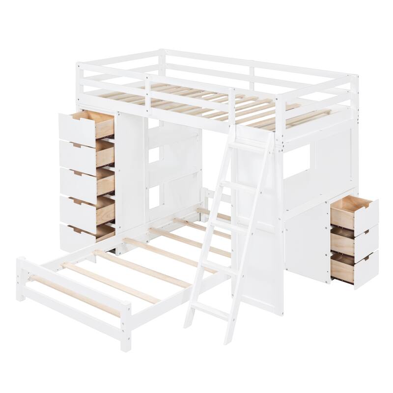 Twin Over Twin Solid Pine Bunk Bed with Drawers, Shelves, Desk with LED & USB Ports