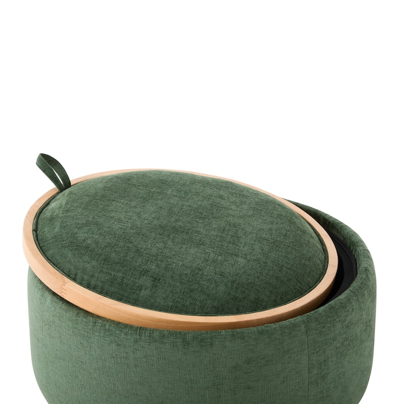Roomfitters 29 Inch Round Storage Ottoman with Reversible Wooden Tray Top, Upholstered Coffee Table for Living Room