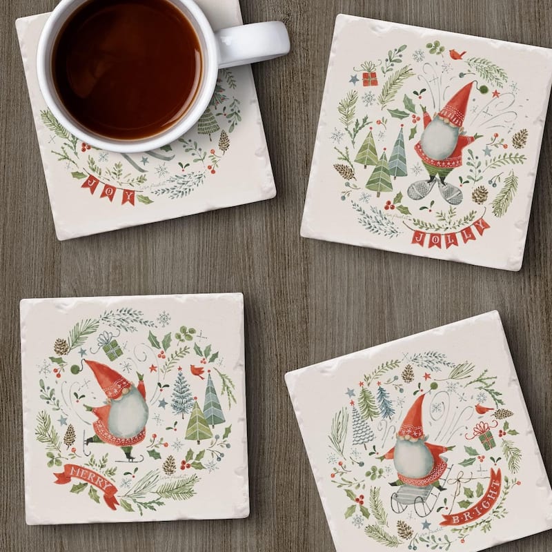 Christmas Jolly Gnomes Multi-Image Absorbent Stone Coaster 4 Pack with Protective Cork Backing Manufactured in The USA