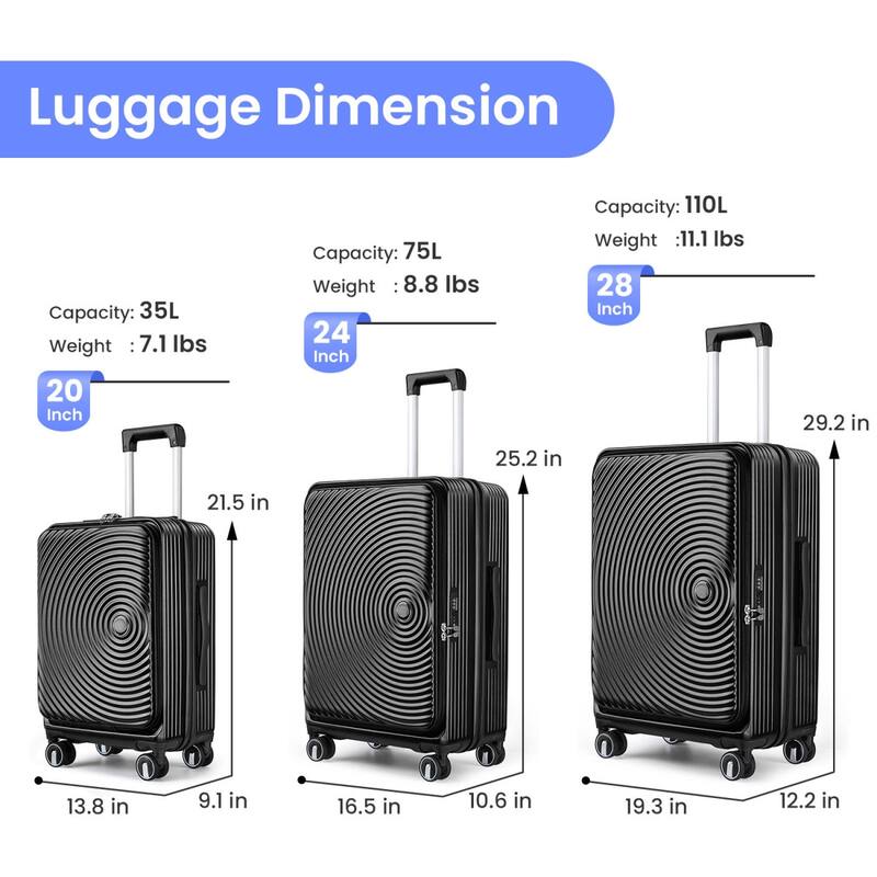 3 Piece Luggage Sets(20/24/28), Carry On Expandable Luggage, Hard Shell Lightweight Suitcase Set w/Front Pocket & Spinner Wheels