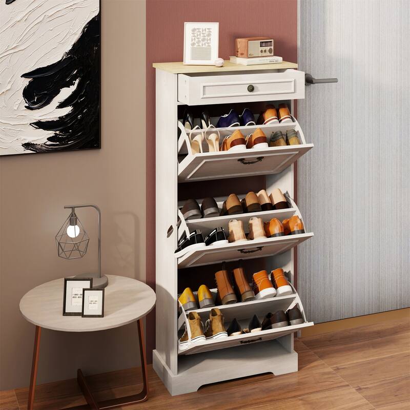 48.22 in. H x 20.86 in. W Antique White Shoe Cabinet with 1 Drawer and 3 Flip Drawers