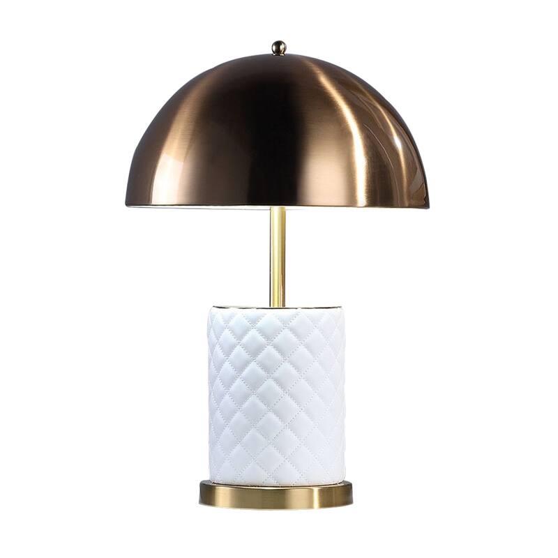 Aria 21 Inch Table Lamp, Dome Shade, Round Base, White Faux Leather, Brass - Brass, White