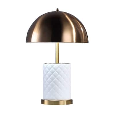 Aria 21 Inch Table Lamp, Dome Shade, Round Base, White Faux Leather, Brass