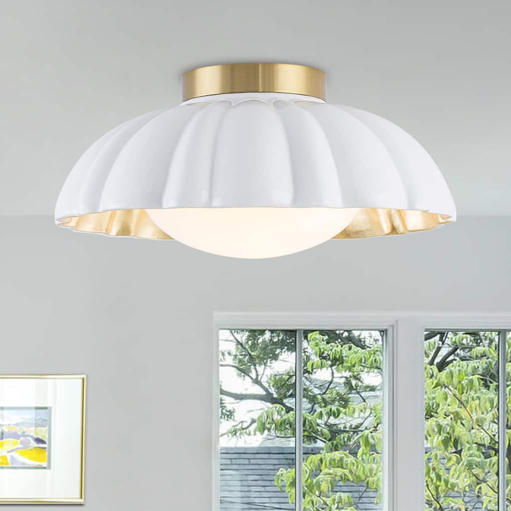 Dome Milky White Shade Flush Mount Ceiling Light with Gold Foil Interior - Dia.13.58-in