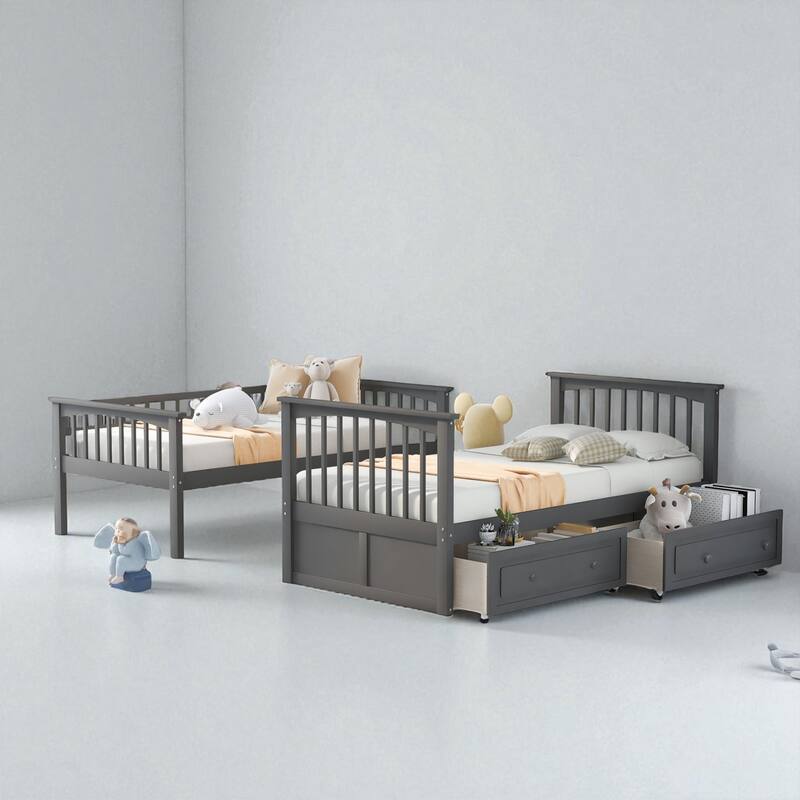 Twin Over Twin Convertible Bunk Bed with Storage Drawers, Fence Guardrail, Solid Wood Frame, No Box Spring Needed