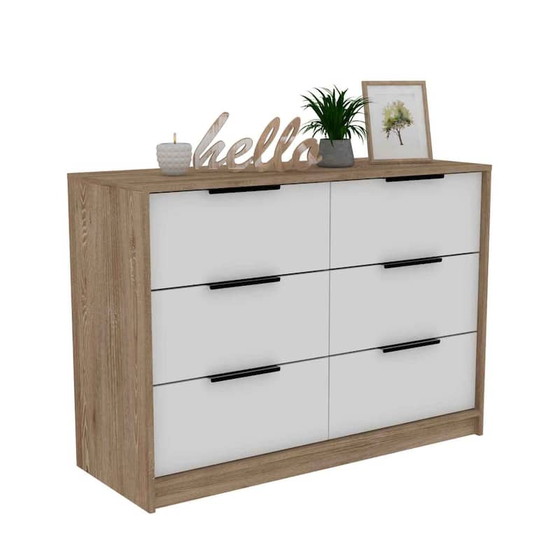 Pine and White Modern Dresser with Smooth Glide Drawers, Compact Contemporary Build, and Versatile Storage Design