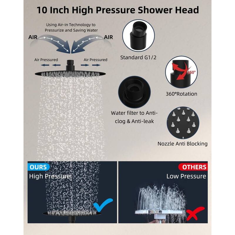 Metal 10'' Round Rainfall Shower Head, High Pressure Handheld Shower